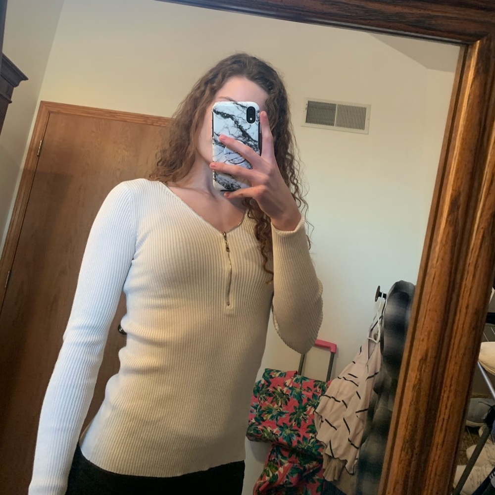 (3 for $15) White Ribbed Zip Sweater